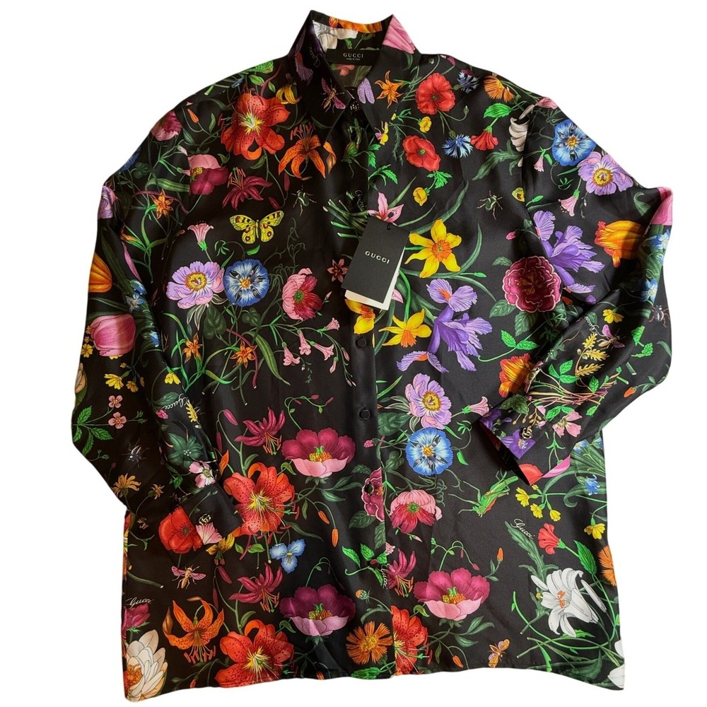 Gucci Flora Silk Twill Shirt Black Multicolor Floral GG Logo 864570 IT 42 NEW